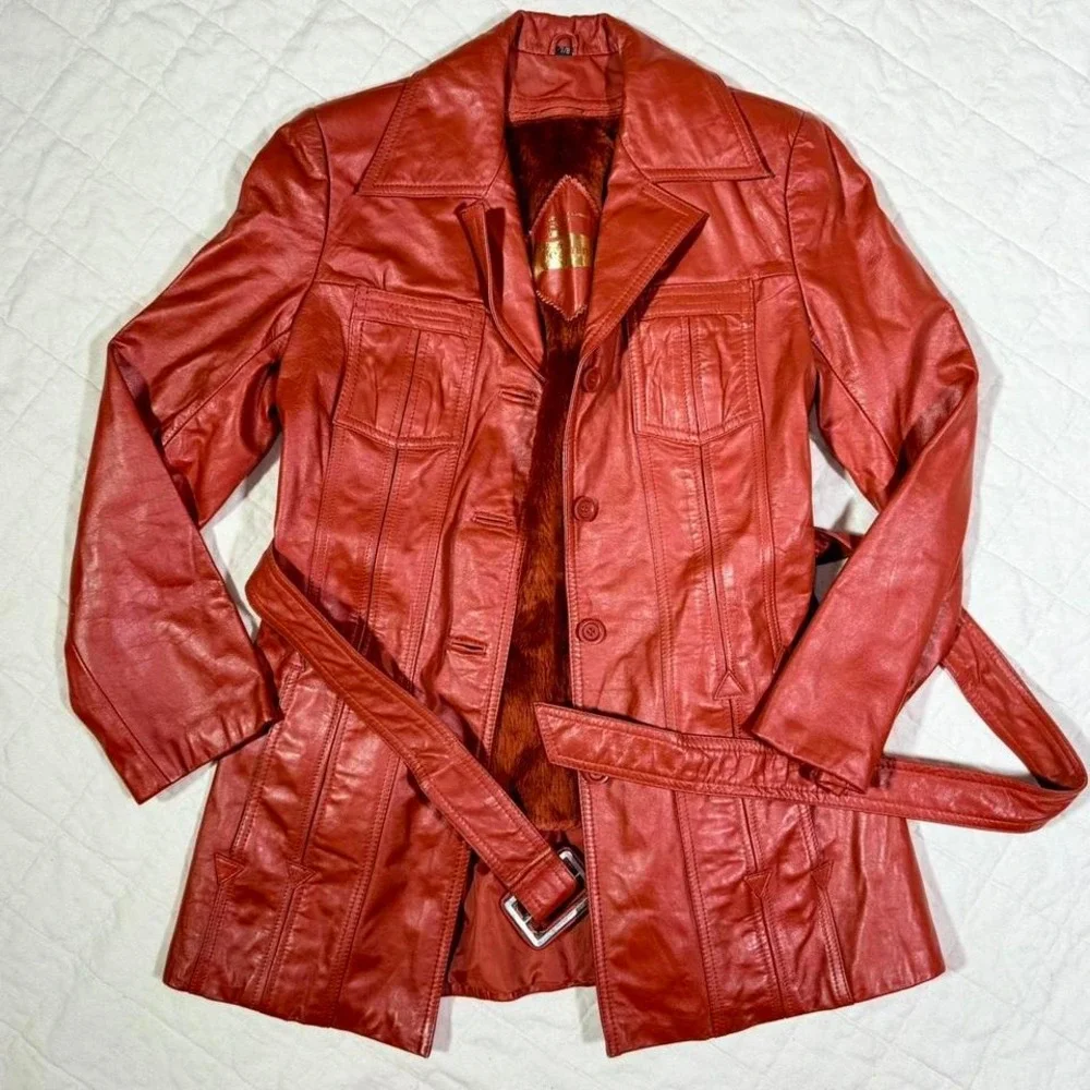 Vintage 70s Rust Faux-Leather Belted Trench Coat – Women's S/M - Picture 3 of 8